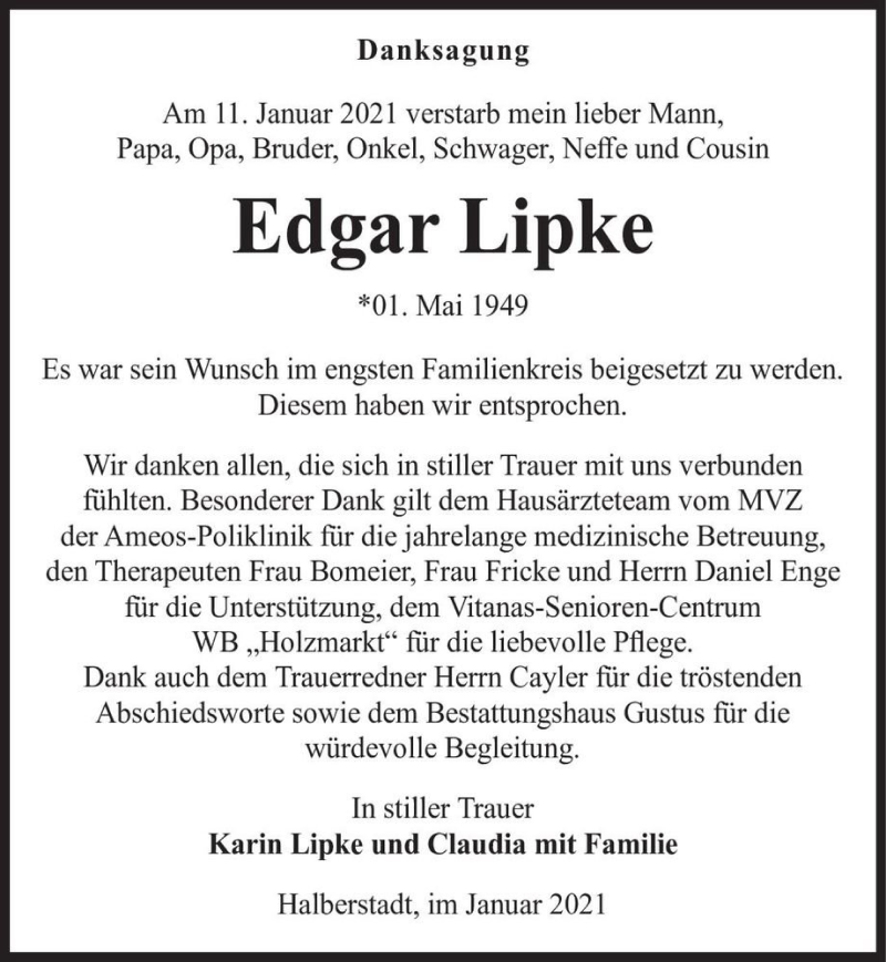  Traueranzeige für Edgar Lipke  vom 13.02.2021 aus Magdeburger Volksstimme