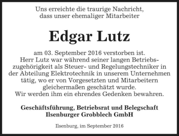 Traueranzeige von Edgar Lutz  von Magdeburger Volksstimme