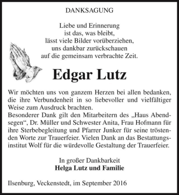 Traueranzeige von Edgar Lutz  von Magdeburger Volksstimme