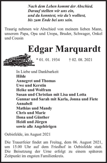 Traueranzeige von Edgar Marquardt  von Magdeburger Volksstimme