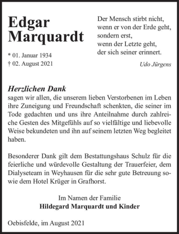 Traueranzeige von Edgar Marquardt  von Magdeburger Volksstimme