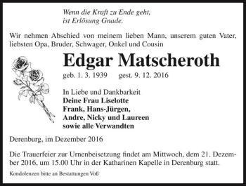Traueranzeige von Edgar Matscheroth  von Magdeburger Volksstimme
