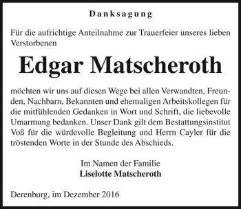 Traueranzeige von Edgar Matscheroth  von Magdeburger Volksstimme