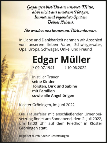 Traueranzeige von Edgar Müller  von Magdeburger Volksstimme