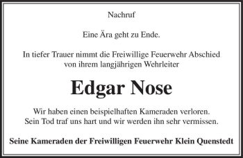 Traueranzeige von Edgar Nose  von Magdeburger Volksstimme