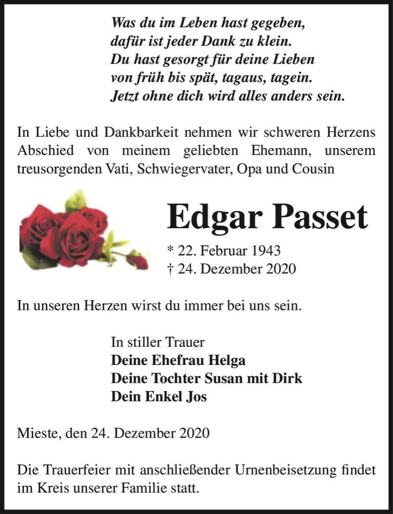  Traueranzeige für Edgar Passet  vom 29.12.2020 aus Magdeburger Volksstimme
