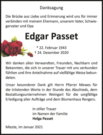 Traueranzeige von Edgar Passet  von Magdeburger Volksstimme