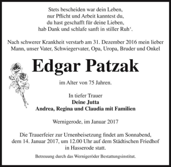 Traueranzeige von Edgar Patzak  von Magdeburger Volksstimme