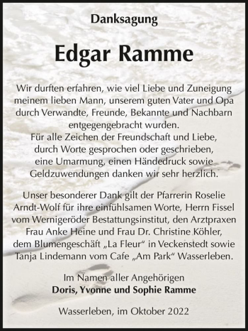 Traueranzeige von Edgar Ramme  von Magdeburger Volksstimme