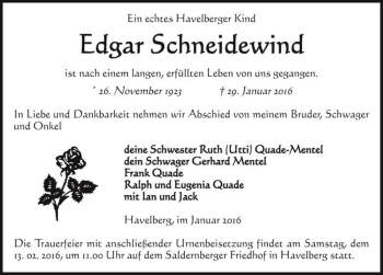 Traueranzeige von Edgar Schneidewind  von Magdeburger Volksstimme