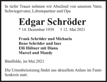 Traueranzeige von Edgar Schröder  von Magdeburger Volksstimme