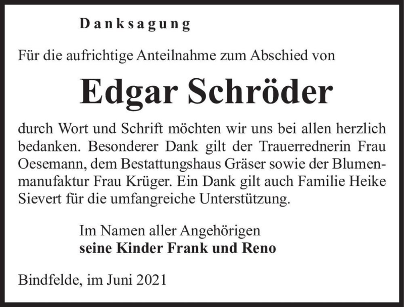  Traueranzeige für Edgar Schröder  vom 15.06.2021 aus Magdeburger Volksstimme