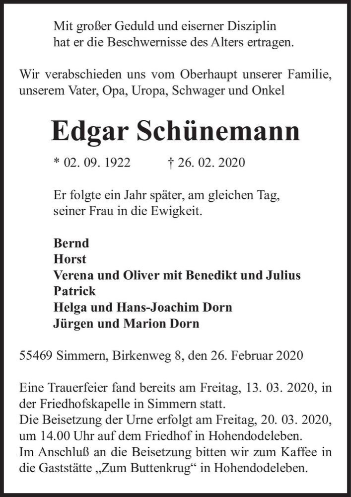  Traueranzeige für Edgar Schünemann  vom 14.03.2020 aus Magdeburger Volksstimme