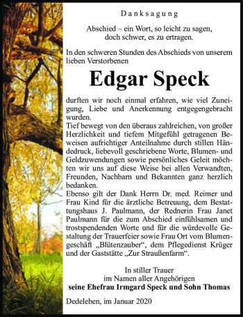 Traueranzeige von Edgar Speck  von Magdeburger Volksstimme