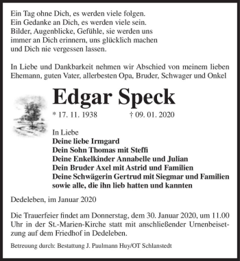 Traueranzeige von Edgar Speck  von Magdeburger Volksstimme
