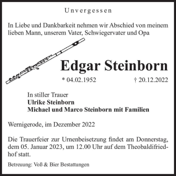 Traueranzeige von Edgar Steinborn  von Magdeburger Volksstimme