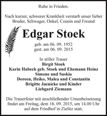 Traueranzeige von Edgar Stoek  von Magdeburger Volksstimme
