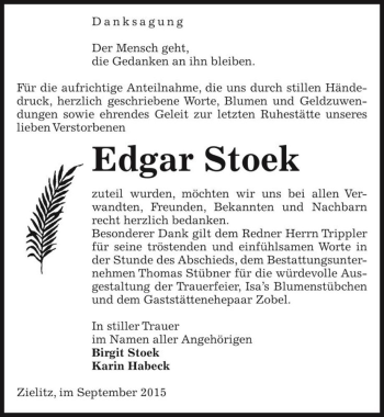 Traueranzeige von Edgar Stoek  von Magdeburger Volksstimme