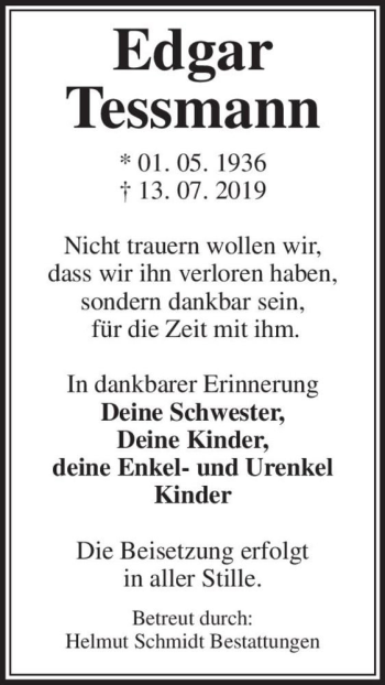 Traueranzeige von Edgar Tessmann  von Magdeburger Volksstimme