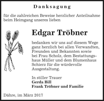 Traueranzeige von Edgar Tröbner  von Magdeburger Volksstimme