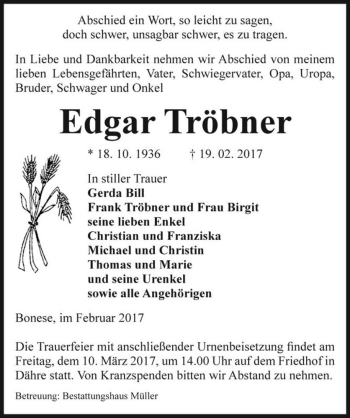 Traueranzeige von Edgar Tröbner  von Magdeburger Volksstimme