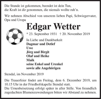 Traueranzeige von Edgar Wetter  von Magdeburger Volksstimme