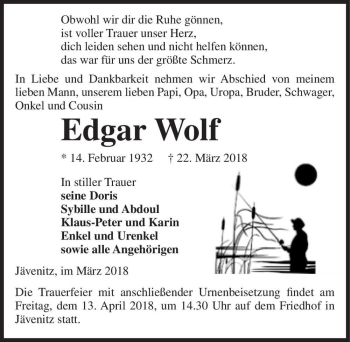 Traueranzeige von Edgar Wolf  von Magdeburger Volksstimme