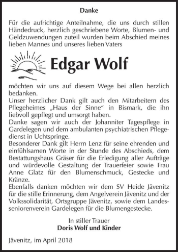 Traueranzeige von Edgar Wolf  von Magdeburger Volksstimme