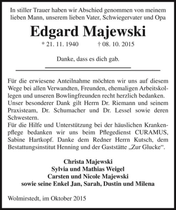 Traueranzeige von Edgard Majewski  von Magdeburger Volksstimme