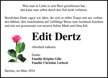 Traueranzeige von Edit Dertz  von Magdeburger Volksstimme