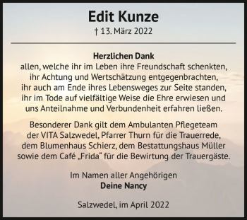 Traueranzeige von Edit Kunze  von Magdeburger Volksstimme