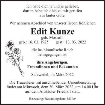 Traueranzeige von Edit Kunze (geb. Mossolff)  von Magdeburger Volksstimme