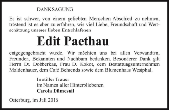 Traueranzeige von Edit Paethau  von Magdeburger Volksstimme