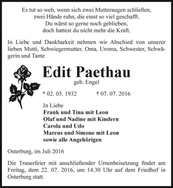 Traueranzeige von Edit Paethau (geb. Engel)  von Magdeburger Volksstimme