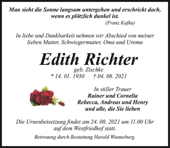 Traueranzeige von Edit Richter (geb. Zischke)  von Magdeburger Volksstimme