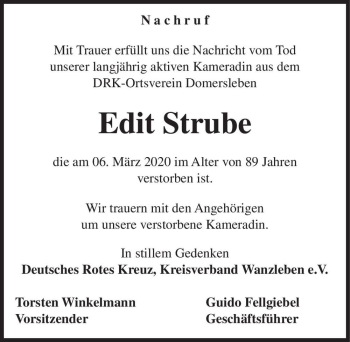 Traueranzeige von Edit Strube  von Magdeburger Volksstimme