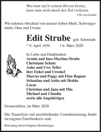 Traueranzeige von Edit Strube (geb. Schmiede)  von Magdeburger Volksstimme