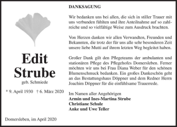 Traueranzeige von Edit Strube (geb. Schmiede)  von Magdeburger Volksstimme