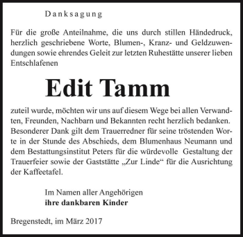 Traueranzeige von Edit Tamm  von Magdeburger Volksstimme