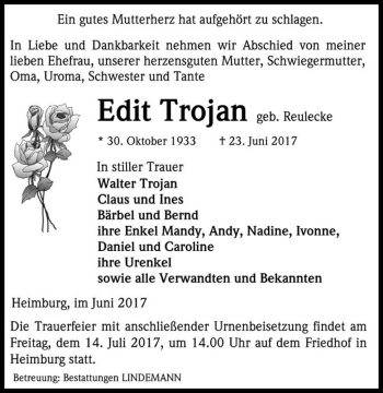 Traueranzeige von Edit Trojan (geb. Reulecke)  von Magdeburger Volksstimme