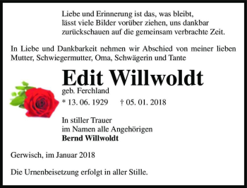 Traueranzeige von Edit Willwoldt (geb. Ferchland)  von Magdeburger Volksstimme