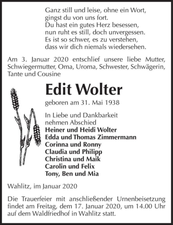 Traueranzeige von Edit Wolter  von Magdeburger Volksstimme