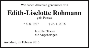Traueranzeige von Edith-Liselotte Rohmann (geb. Poesze)  von Magdeburger Volksstimme