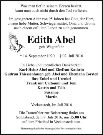 Traueranzeige von Edith Abel (geb. Wagenführ)  von Magdeburger Volksstimme