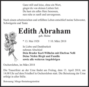 Traueranzeige von Edith Abraham (geb. Heine)  von Magdeburger Volksstimme