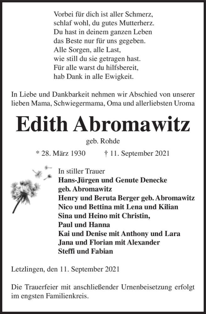  Traueranzeige für Edith Abromawitz (geb. Rohde)  vom 15.09.2021 aus Magdeburger Volksstimme