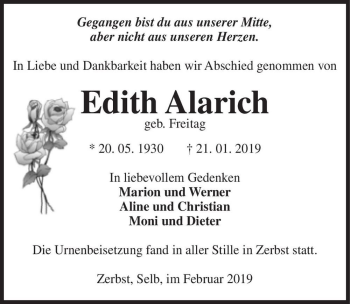 Traueranzeige von Edith Alarich (geb. Freitag)  von Magdeburger Volksstimme