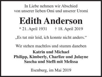 Traueranzeige von Edith Anderson  von Magdeburger Volksstimme