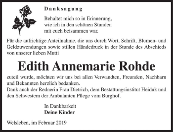 Traueranzeige von Edith Annemarie Rohde  von Magdeburger Volksstimme