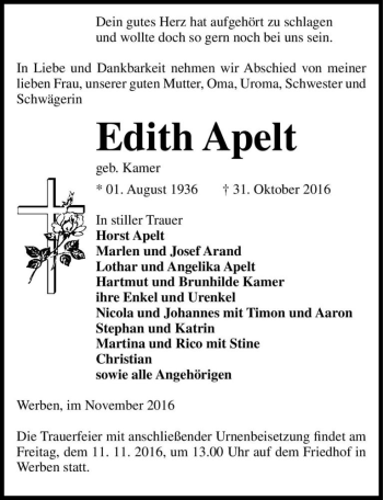 Traueranzeige von Edith Apelt (geb. Kamer)  von Magdeburger Volksstimme